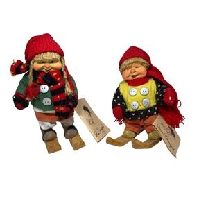 Bebe Norway Handcrafted Dolls Set Of 2 Sweater Scarf Holland Skis 6”